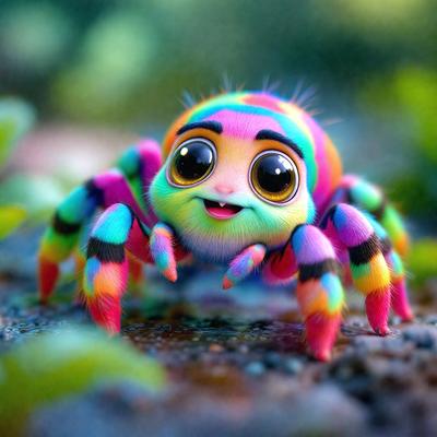 The primary subject of the image is a colorful spider with a smiling face. The spider is sitting on a rock, surrounded by green plants. The visual style of the image is digital art, with the spider being drawn or illustrated to create a whimsical and playful appearance. The colors and mood of the image are vibrant and cheerful, with the spider's bright colors and the lush greenery of the plants creating a sense of warmth and happiness.